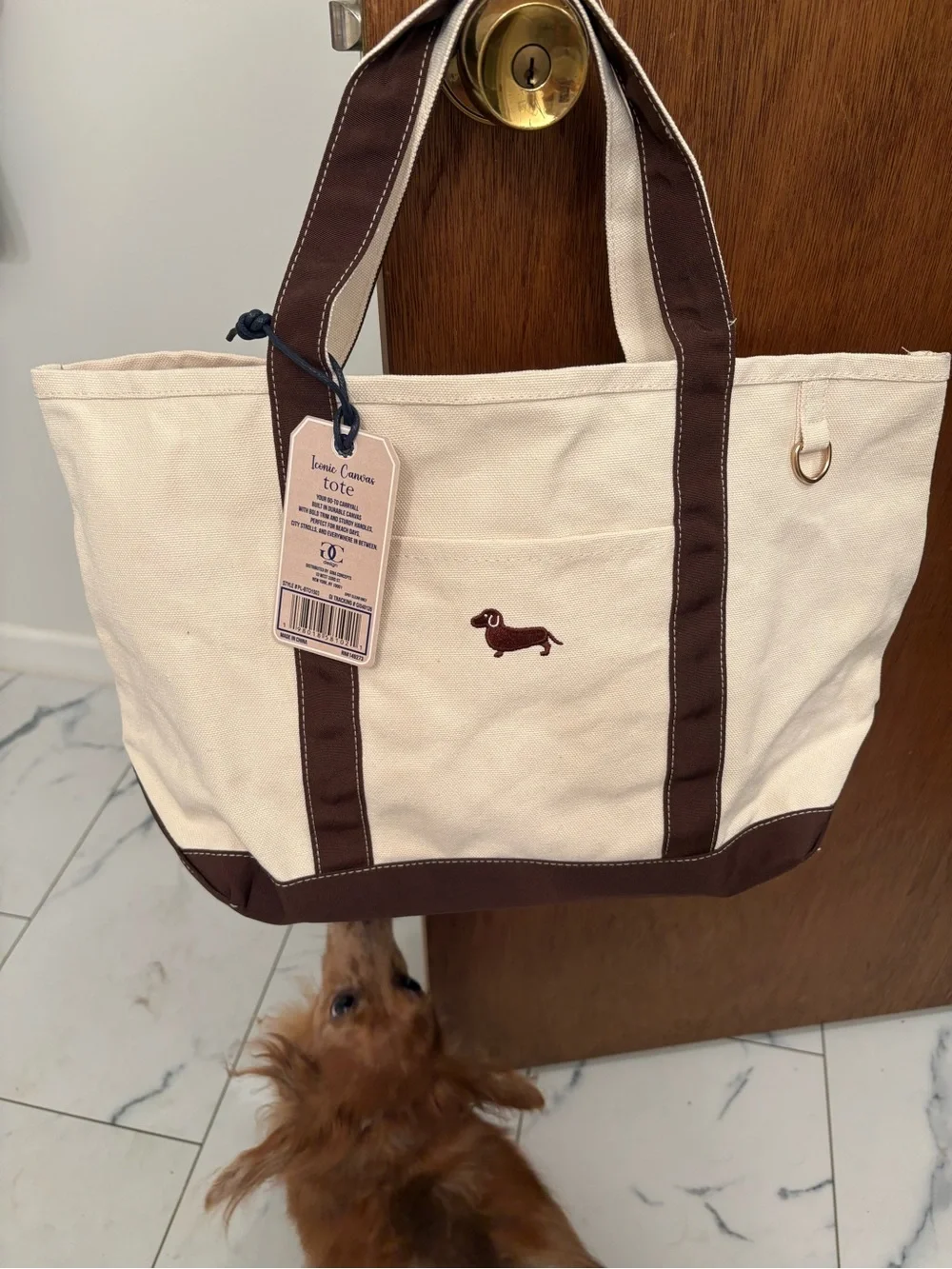 Cream Canvas Tote with Brown Trim and Dachshund Embroidery
